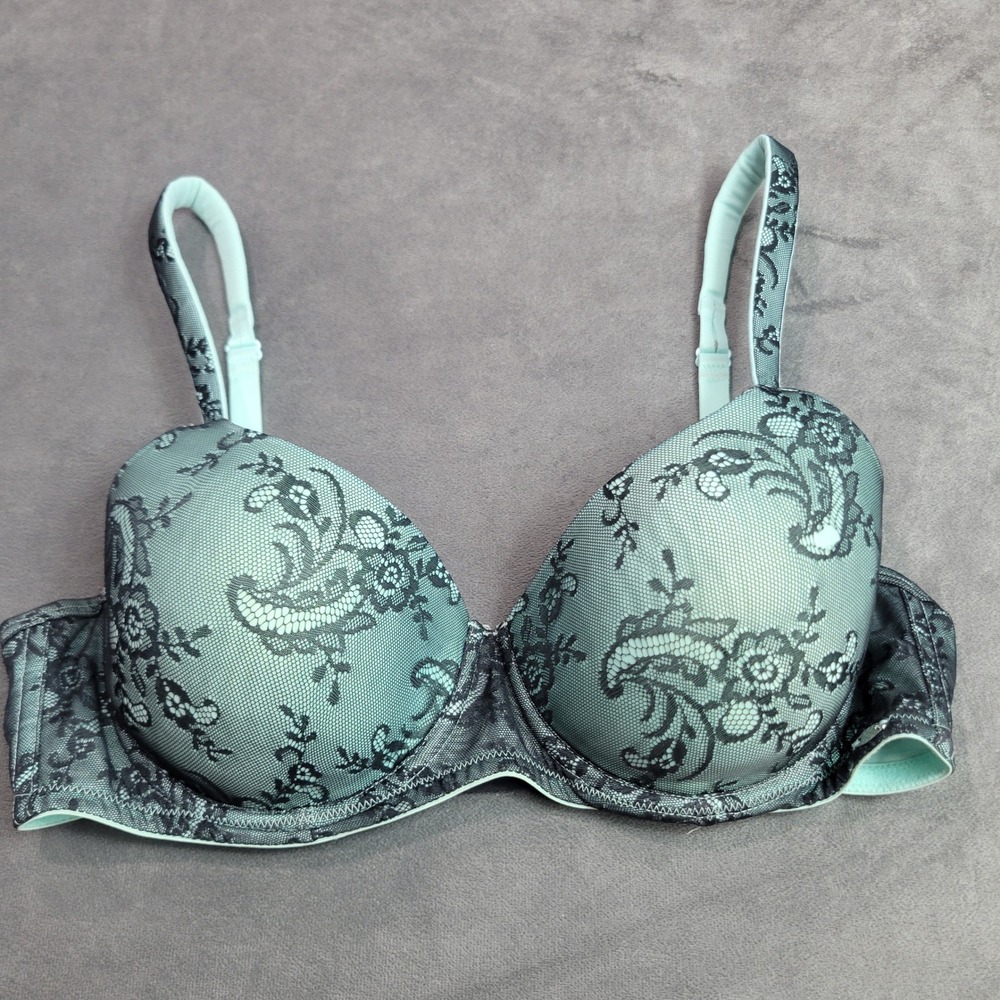Modern Movement Mint Green Black Floral Lace Contour Underwire‎ Bra 34C